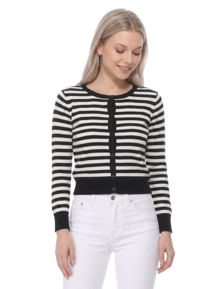 Women's 3/4 Sleeve Crewneck Striped Regular Fit Button-Down Sweater Cardigan MK3521 (S-L)