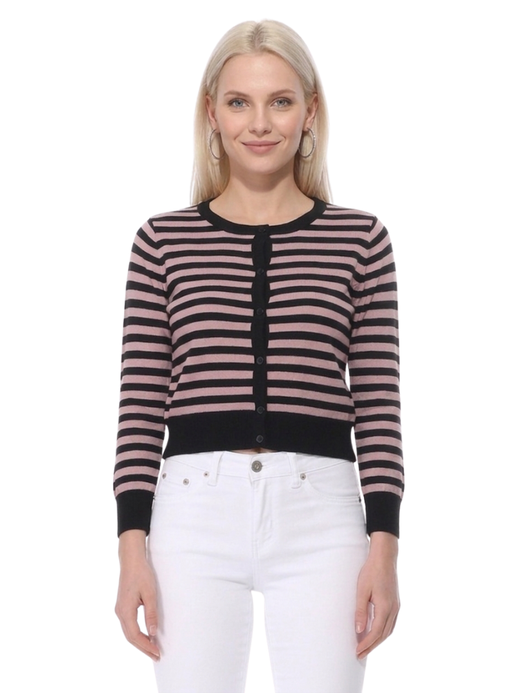 Women's 3/4 Sleeve Crewneck Striped Regular Fit Button-Down Sweater Cardigan MK3521 (S-L)