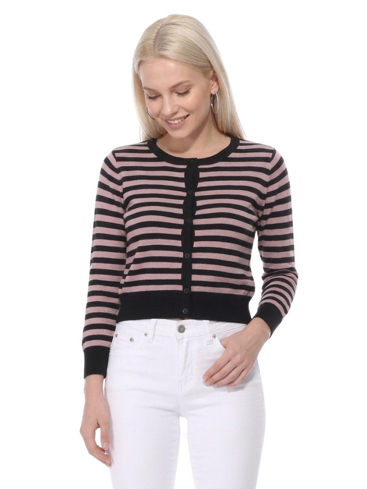 Women's 3/4 Sleeve Crewneck Striped Regular Fit Button-Down Sweater Cardigan MK3521 (S-L)