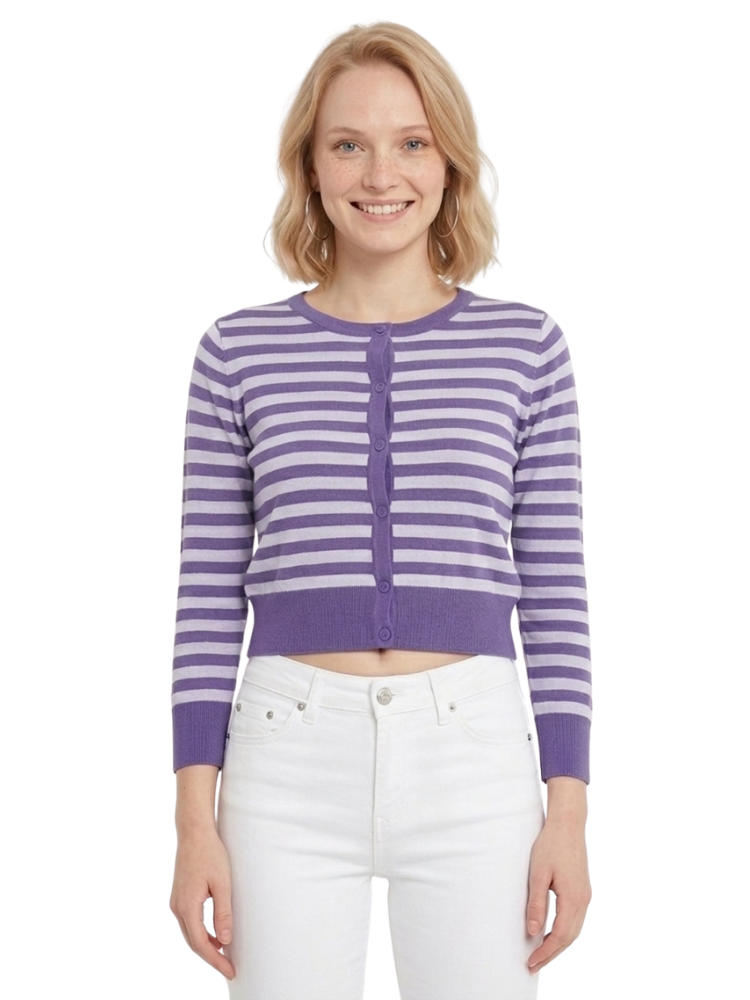 Women's 3/4 Sleeve Crewneck Striped Regular Fit Button-Down Sweater Cardigan MK3521 (S-L)