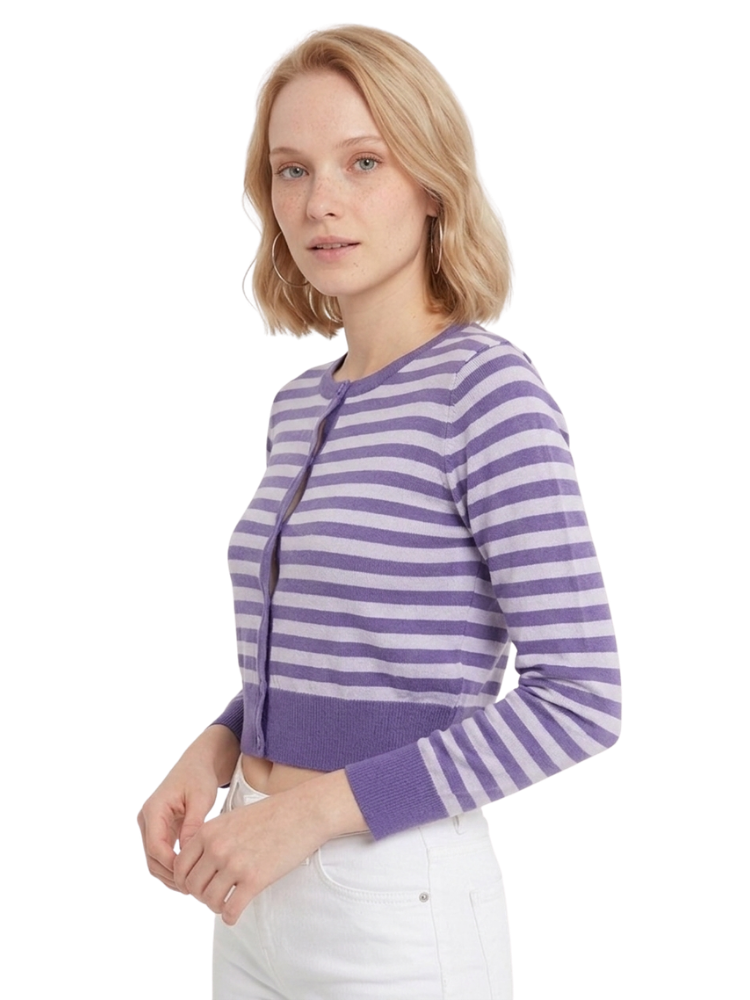 Women's 3/4 Sleeve Crewneck Striped Regular Fit Button-Down Sweater Cardigan MK3521 (S-L)
