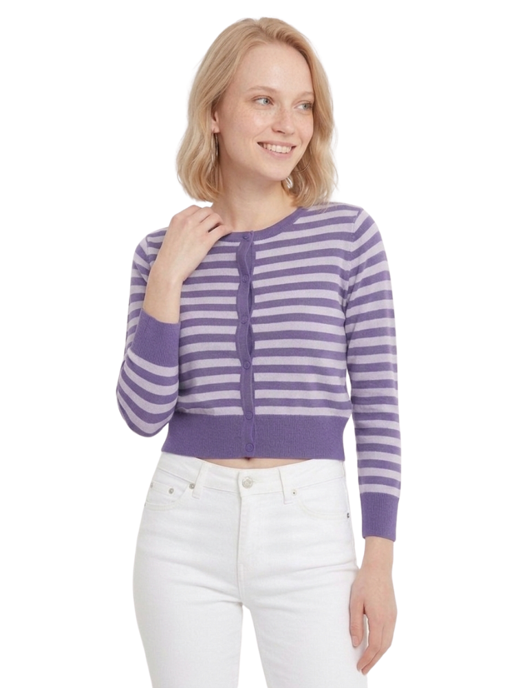 Women's 3/4 Sleeve Crewneck Striped Regular Fit Button-Down Sweater Cardigan MK3521 (S-L)