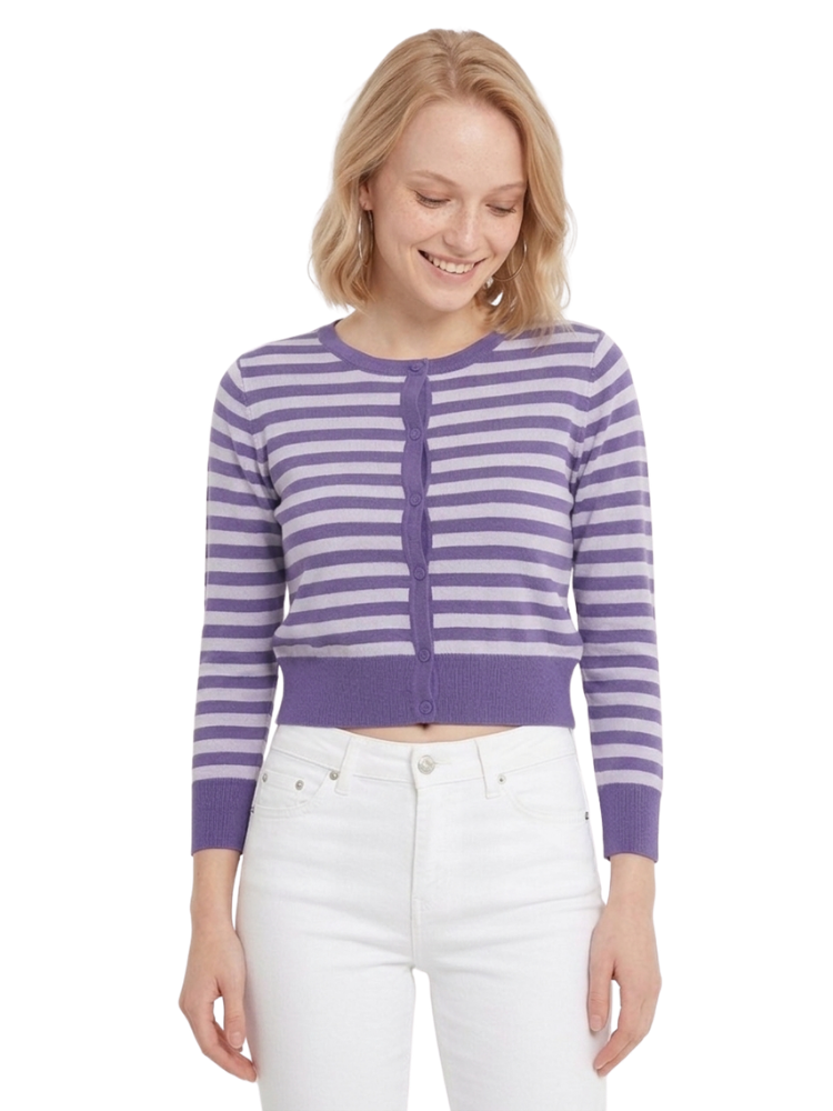 Women's 3/4 Sleeve Crewneck Striped Regular Fit Button-Down Sweater Cardigan MK3521 (S-L)