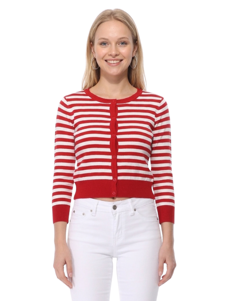 Women's 3/4 Sleeve Crewneck Striped Regular Fit Button-Down Sweater Cardigan MK3521 (S-L)