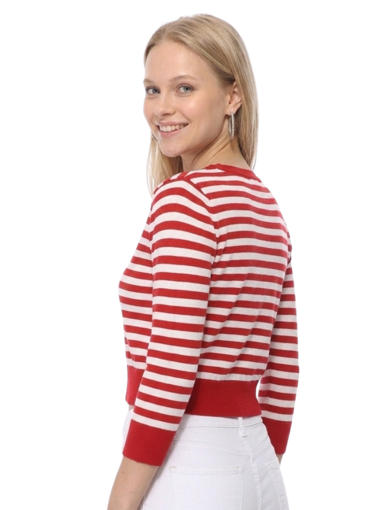 Women's 3/4 Sleeve Crewneck Striped Regular Fit Button-Down Sweater Cardigan MK3521 (S-L)