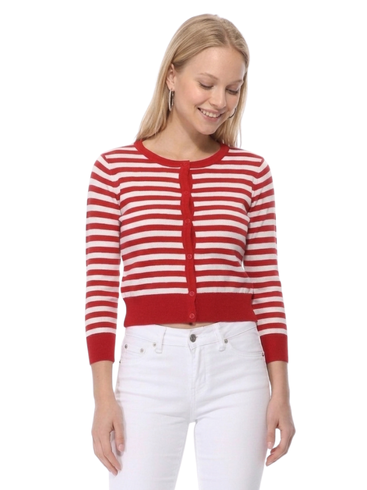 Women's 3/4 Sleeve Crewneck Striped Regular Fit Button-Down Sweater Cardigan MK3521 (S-L)
