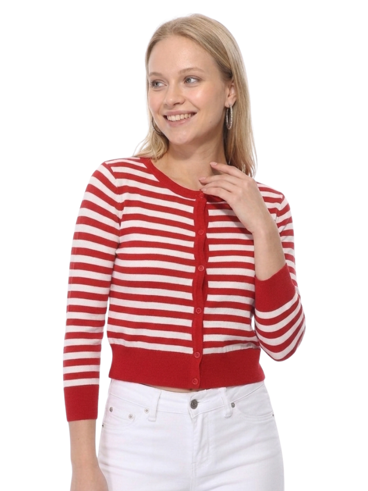 Women's 3/4 Sleeve Crewneck Striped Regular Fit Button-Down Sweater Cardigan MK3521 (S-L)