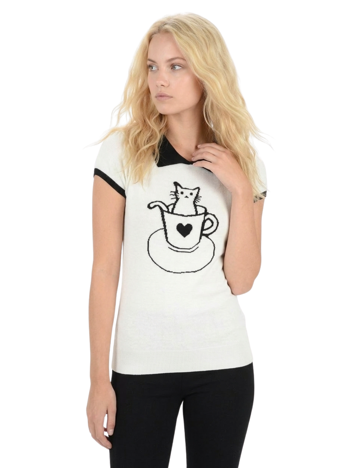 Pointed Collar Cat Tea Cup Short Sleeve Pullover Sweater MK3591CAT (S-L)