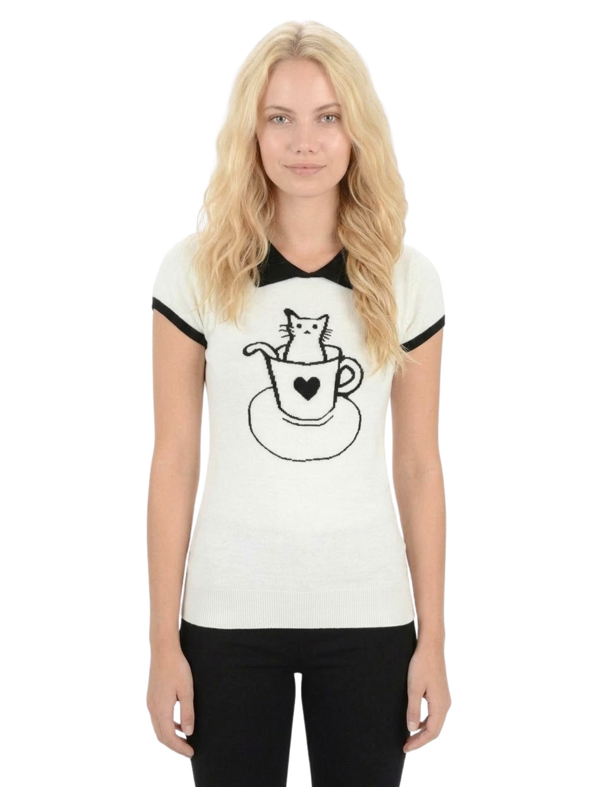 Pointed Collar Cat Tea Cup Short Sleeve Pullover Sweater MK3591CAT (S-L)