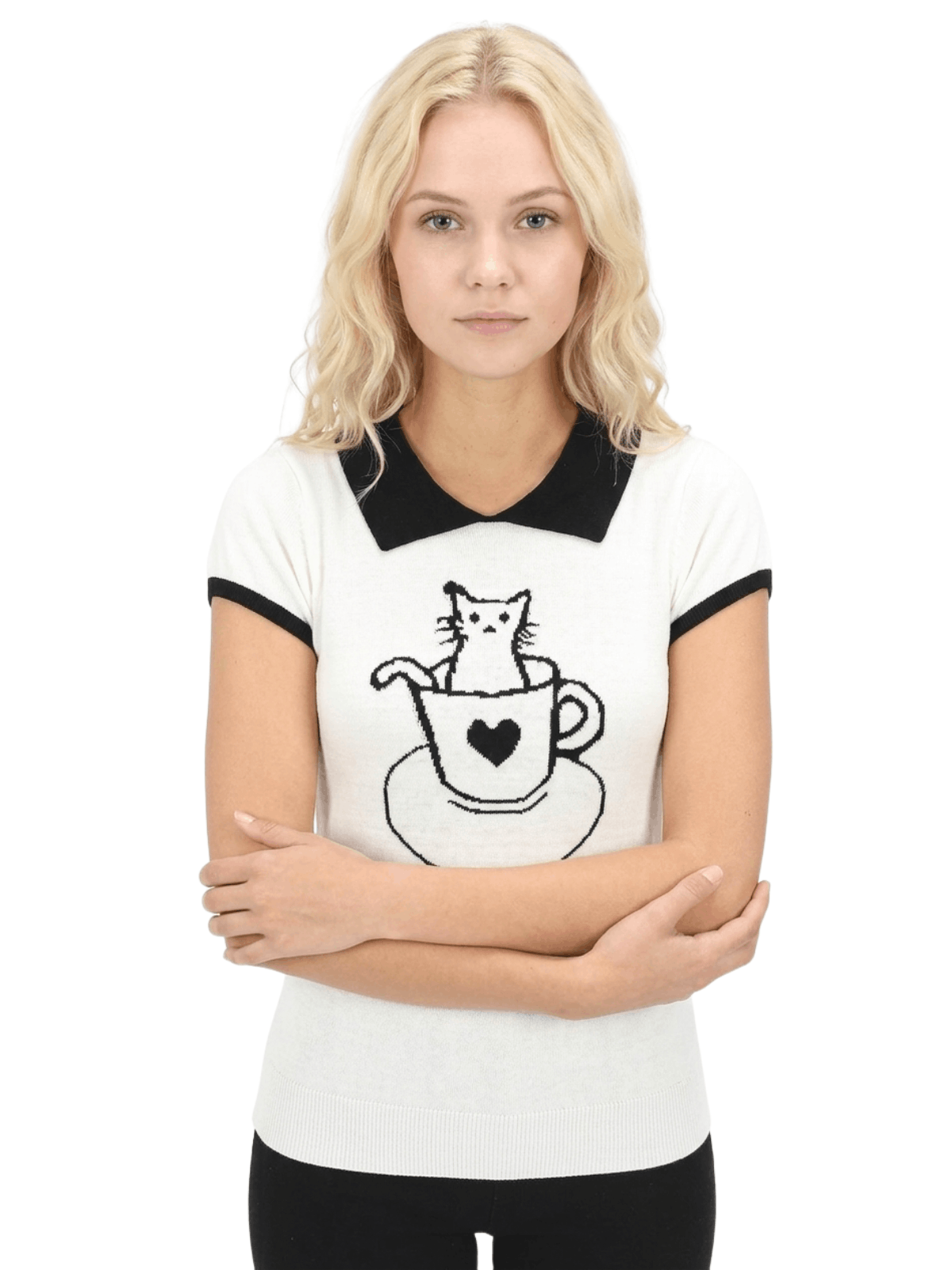 Pointed Collar Cat Tea Cup Short Sleeve Pullover Sweater MK3591CAT (S-L)