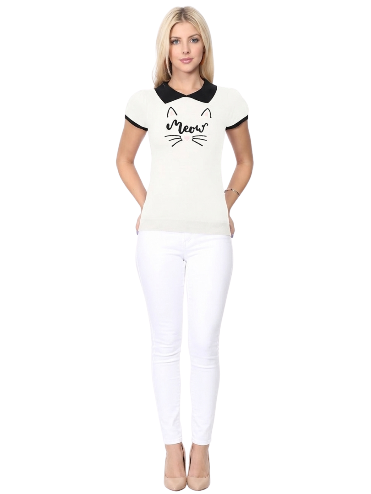 Women's Meow Cat Classic Contrast Collar Short Sleeve Casual Pullover Sweater MK3591MEOW (S-L)