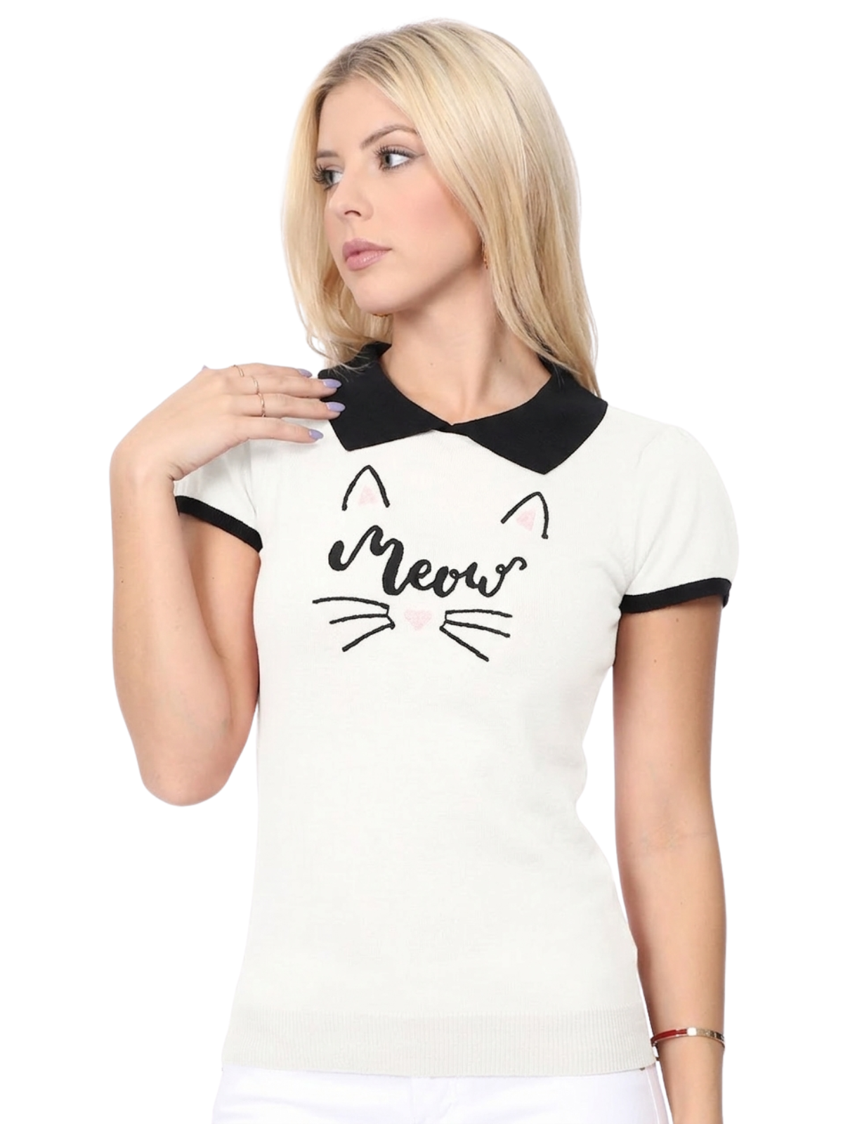Women's Meow Cat Classic Contrast Collar Short Sleeve Casual Pullover Sweater MK3591MEOW (S-L)