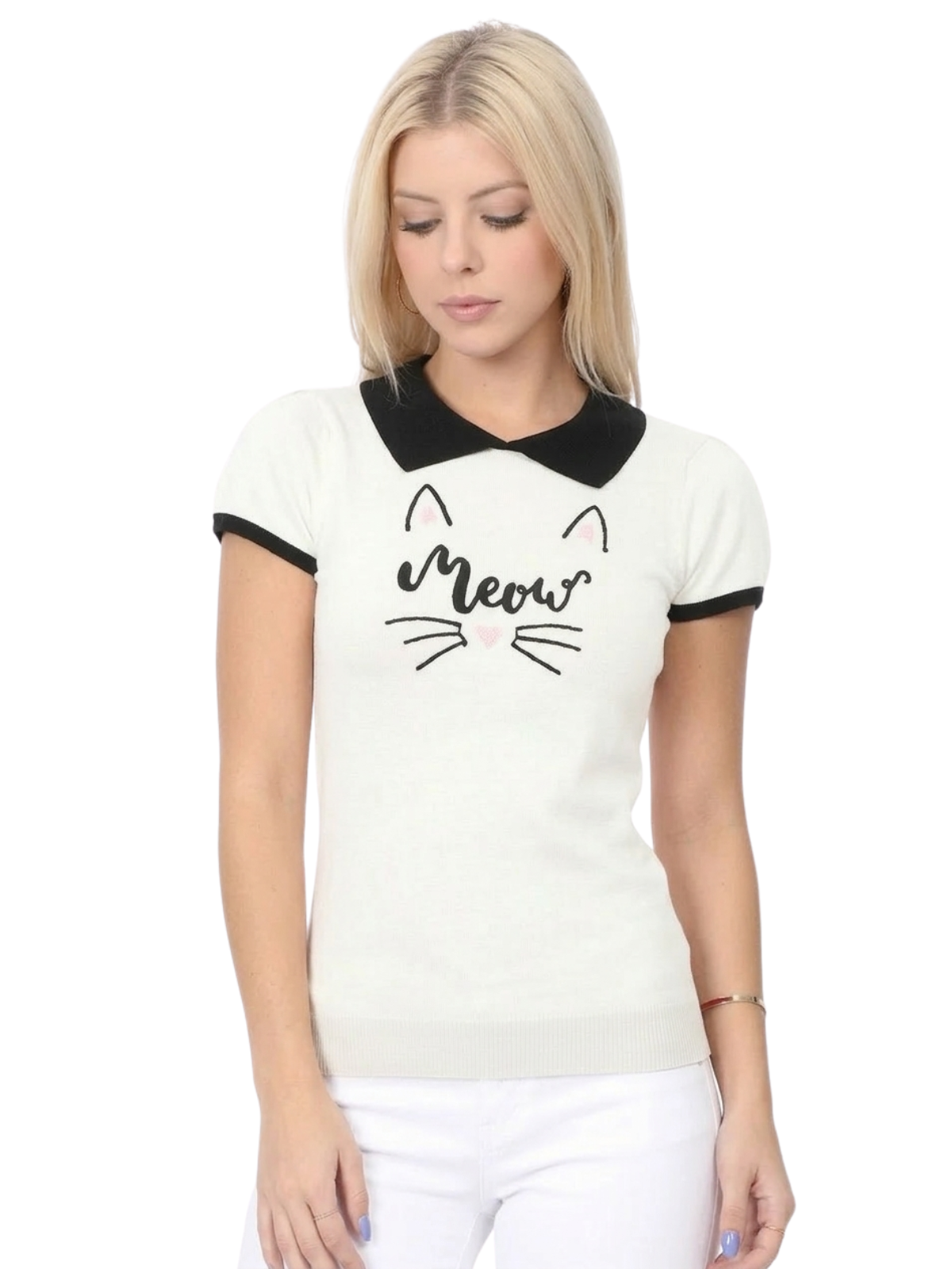 Women's Meow Cat Classic Contrast Collar Short Sleeve Casual Pullover Sweater MK3591MEOW (S-L)