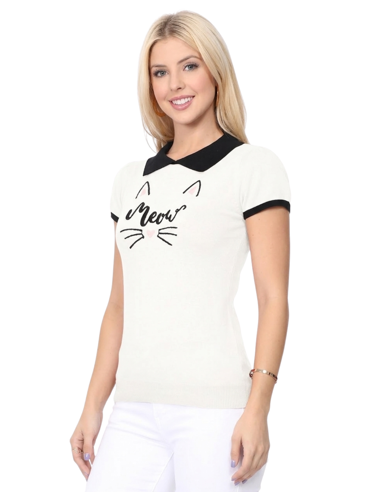 Women's Meow Cat Classic Contrast Collar Short Sleeve Casual Pullover Sweater MK3591MEOW (S-L)
