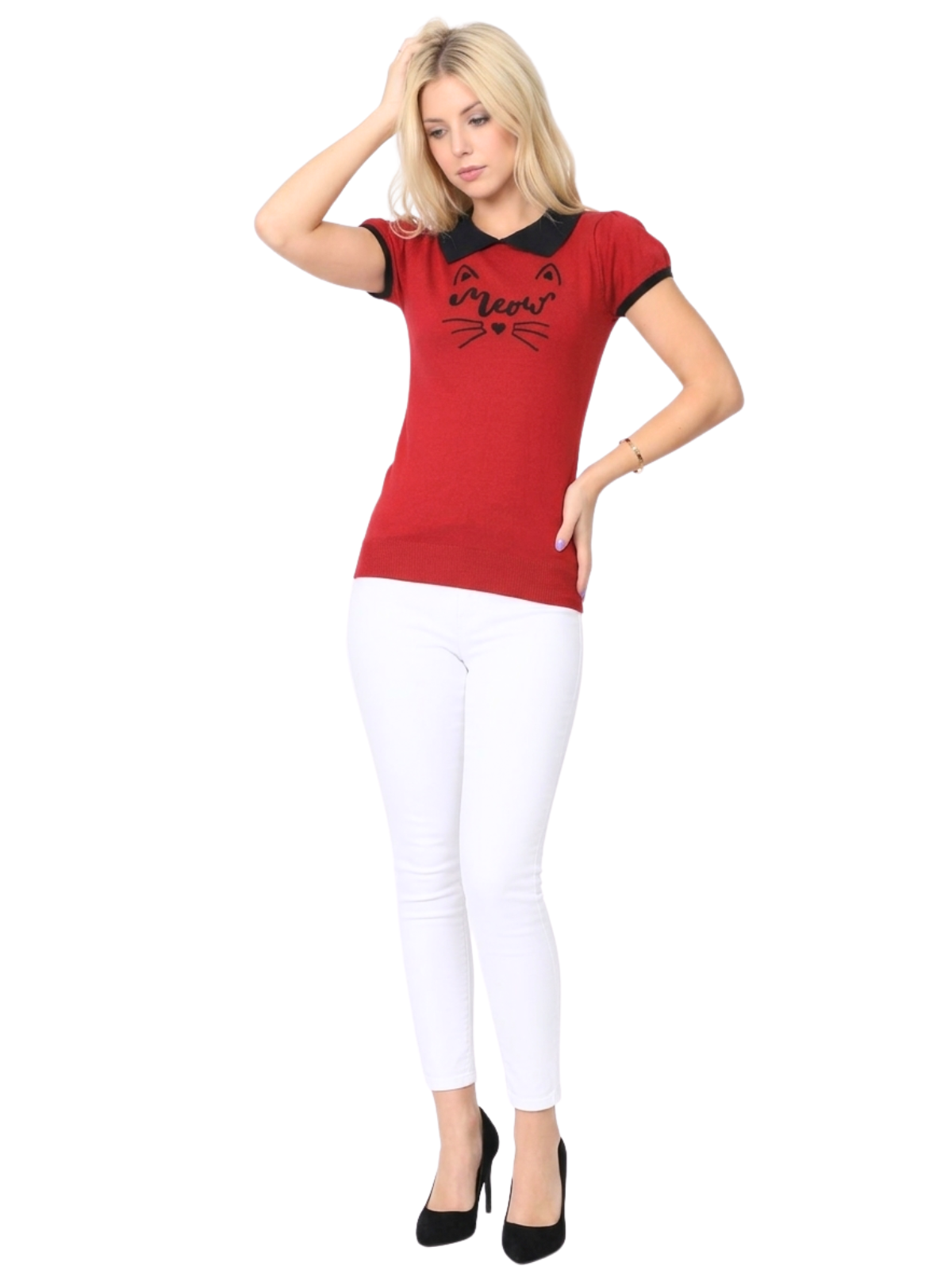 Women's Meow Cat Classic Contrast Collar Short Sleeve Casual Pullover Sweater MK3591MEOW (S-L)