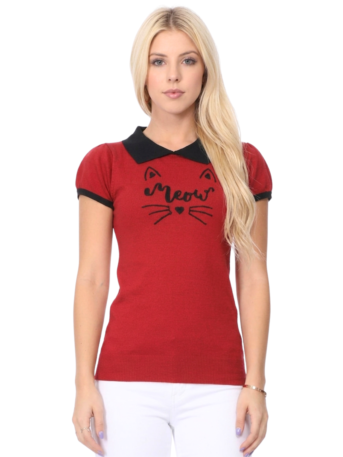 Women's Meow Cat Classic Contrast Collar Short Sleeve Casual Pullover Sweater MK3591MEOW (S-L)