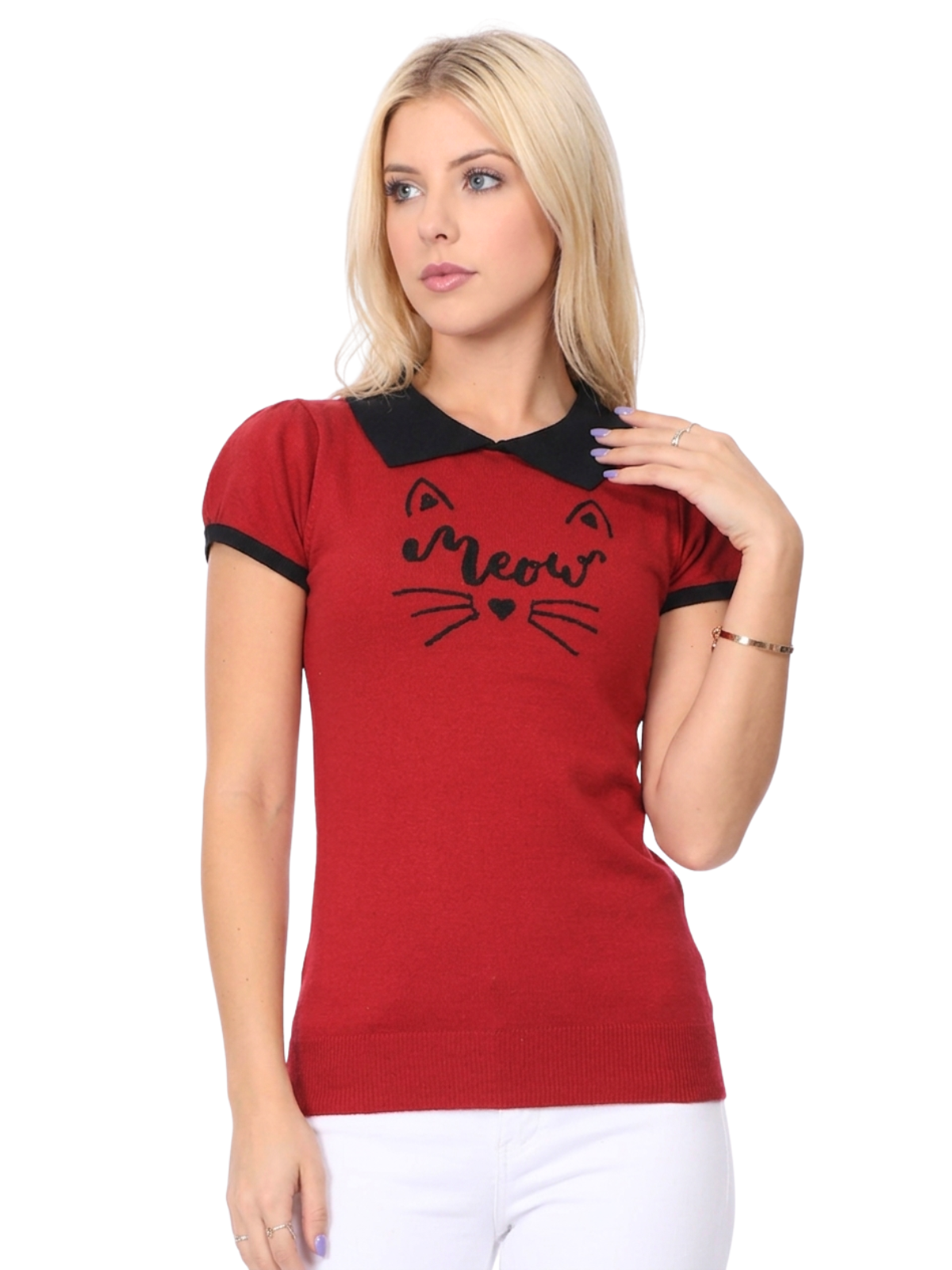 Women's Meow Cat Classic Contrast Collar Short Sleeve Casual Pullover Sweater MK3591MEOW (S-L)