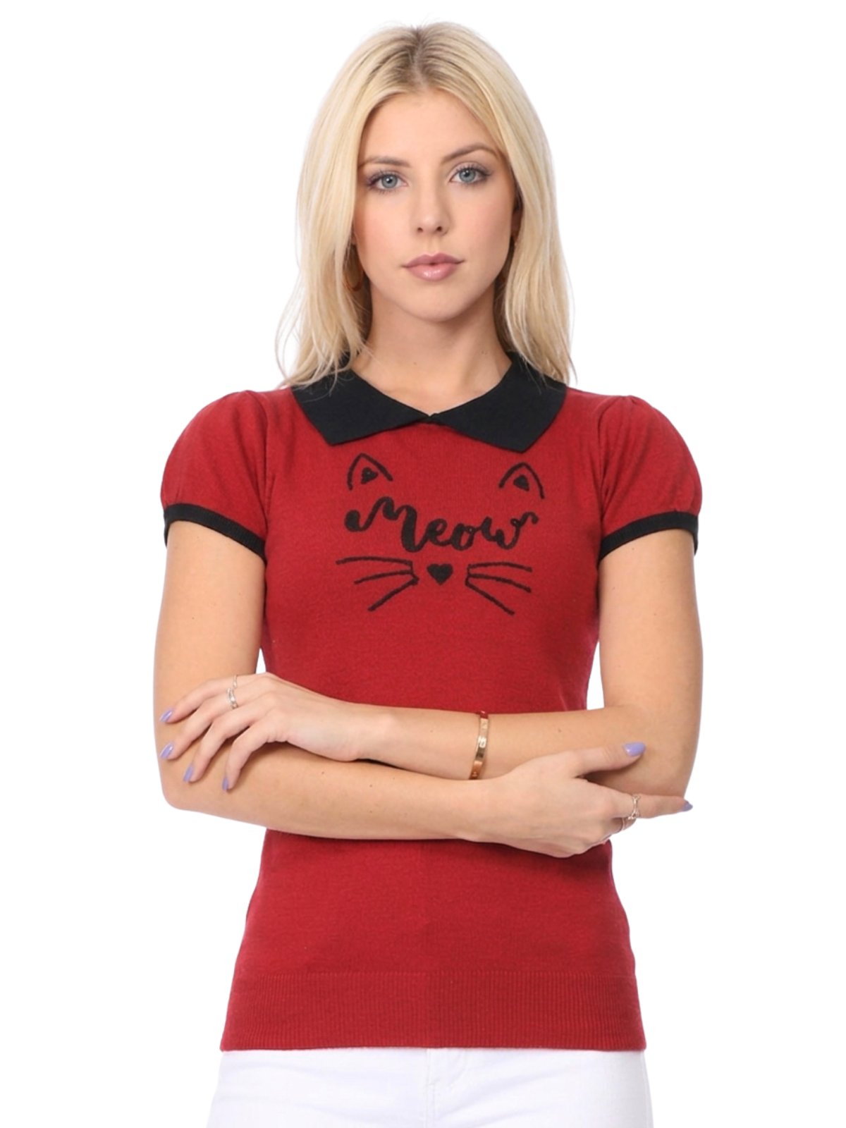 Women's Meow Cat Classic Contrast Collar Short Sleeve Casual Pullover Sweater MK3591MEOW (S-L)