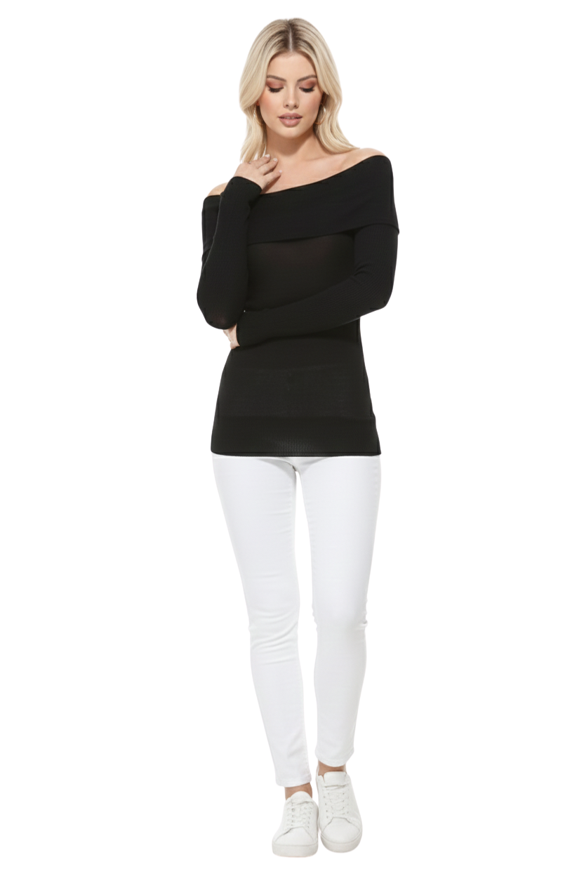 Soft Rayon and Stretch Off Shoulder Sweater Knit Top MK3598 (S-L)