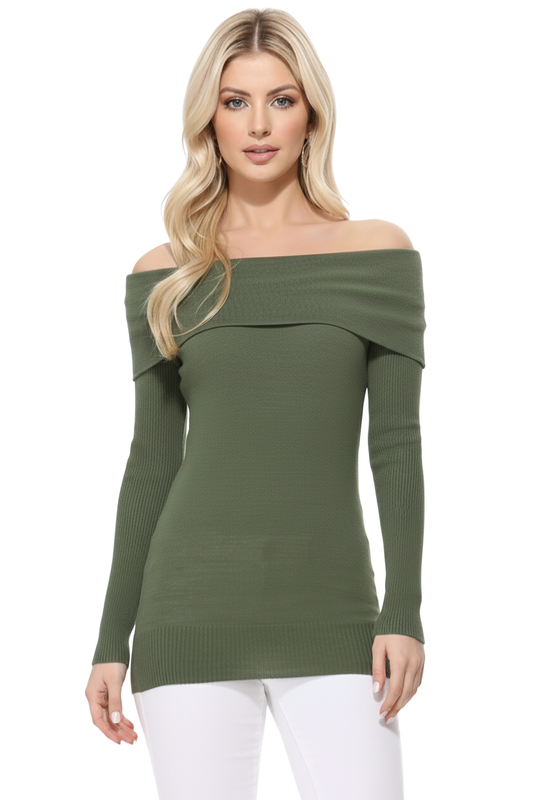 Soft Rayon and Stretch Off Shoulder Sweater Knit Top MK3598 (S-L)