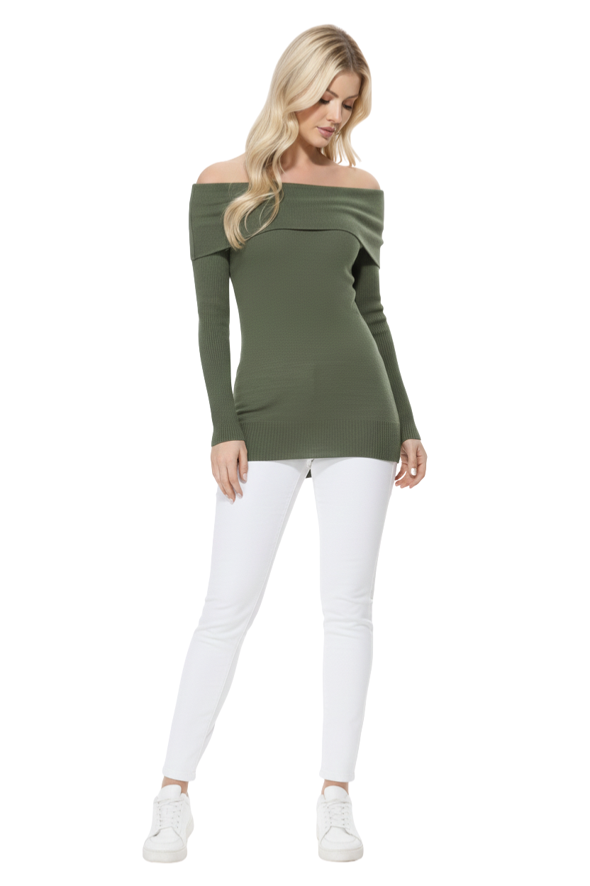 Soft Rayon and Stretch Off Shoulder Sweater Knit Top MK3598 (S-L)