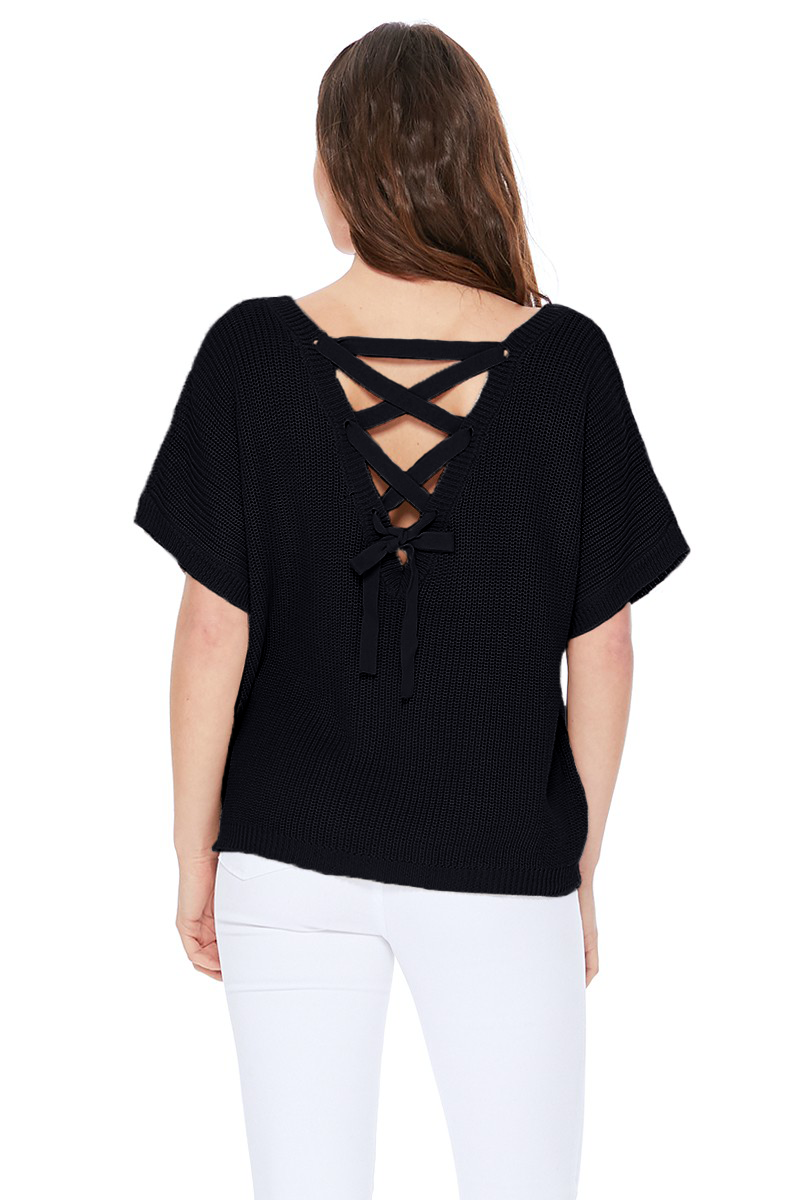 Open Back Half Sleeve Loose Fit Summer Knit Top MK3626 (S-L)