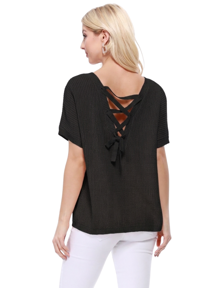 Open Back Half Sleeve Loose Fit Summer Knit Top MK3626 (S-L)