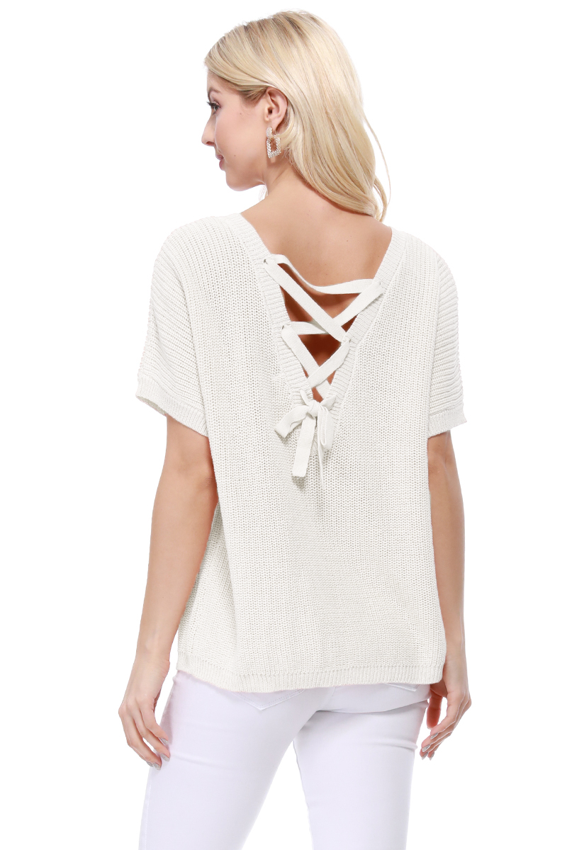 Open Back Half Sleeve Loose Fit Summer Knit Top MK3626 (S-L)