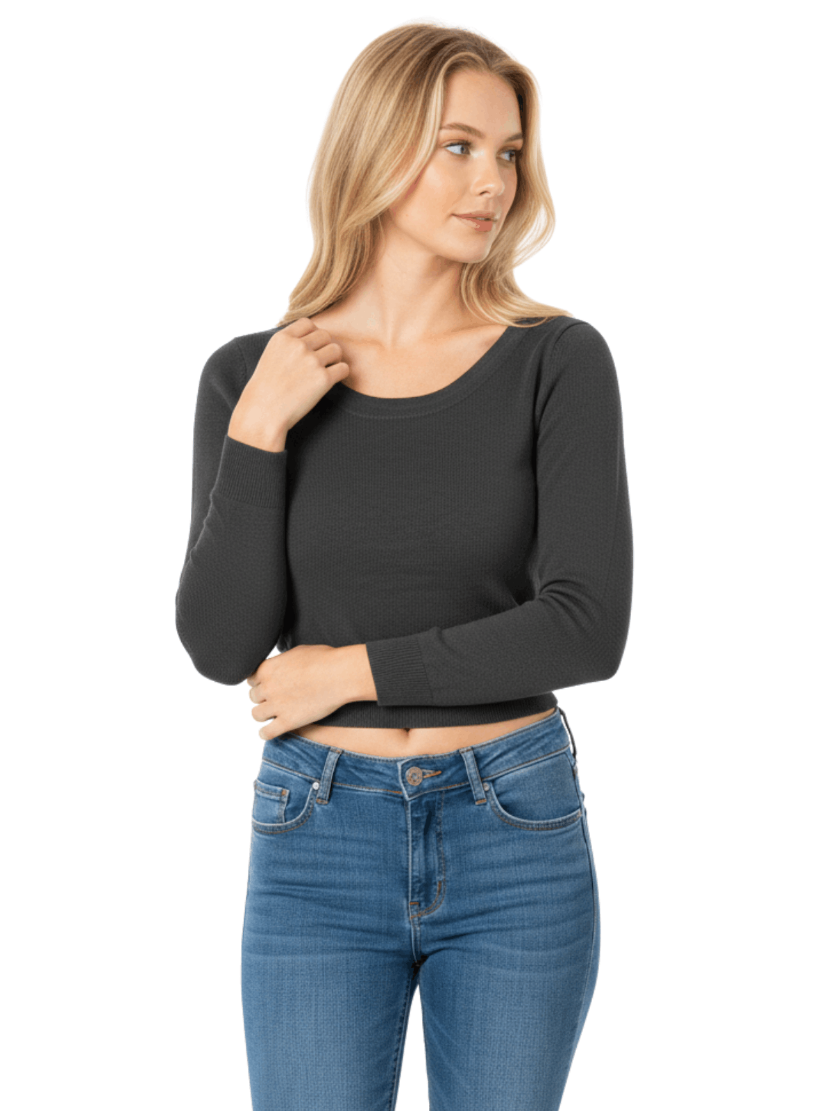 Round Neck Long Sleeve Crop Sweater Knit Crop Top MK3637 (S-XL)