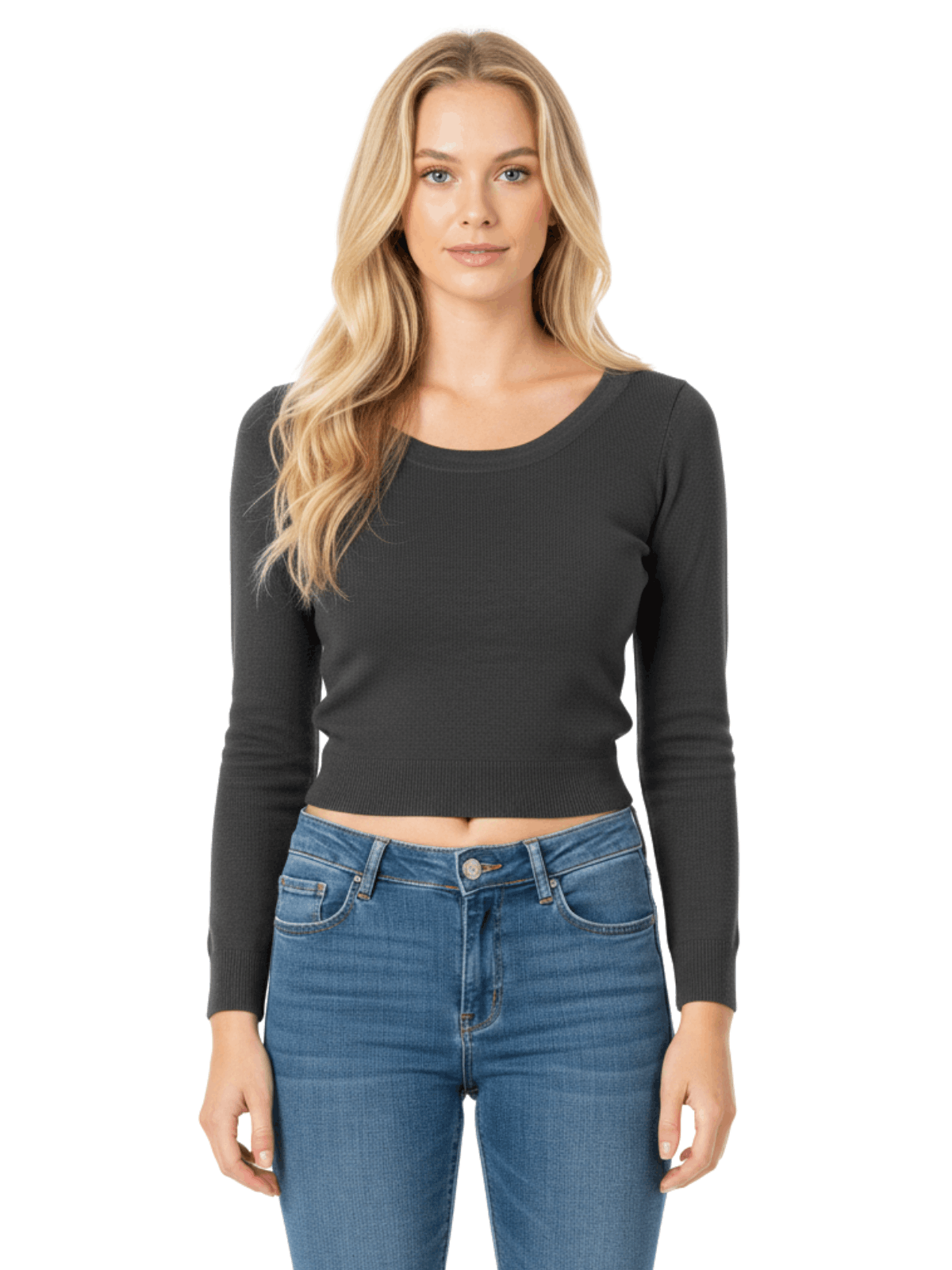 Round Neck Long Sleeve Crop Sweater Knit Crop Top MK3637 (S-XL)