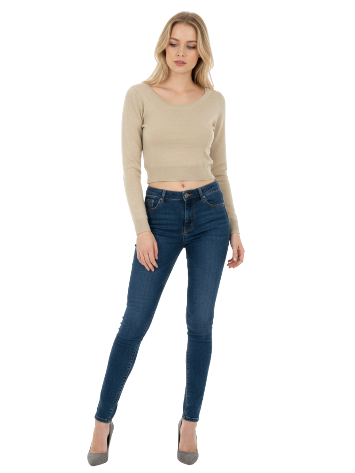 Round Neck Long Sleeve Crop Sweater Knit Crop Top MK3637 (S-XL)