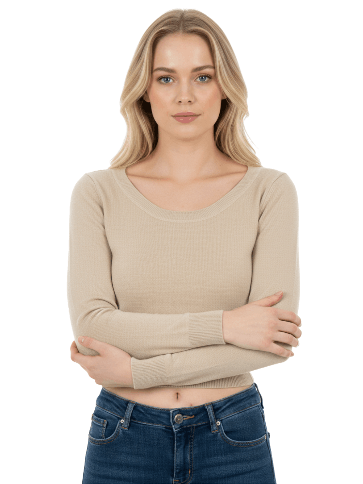 Round Neck Long Sleeve Crop Sweater Knit Crop Top MK3637 (S-XL)
