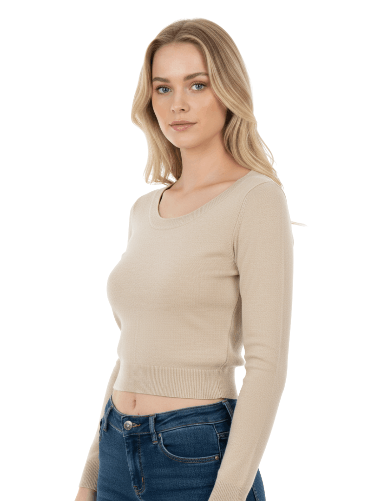 Round Neck Long Sleeve Crop Sweater Knit Crop Top MK3637 (S-XL)