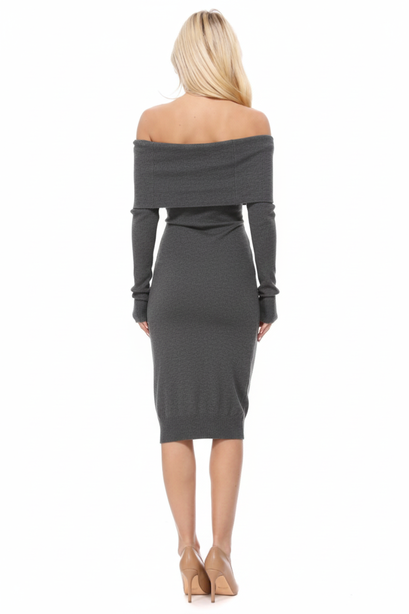 Off Shoulder Long Sleeve Slim Fit Midi Knit Dress MK6022 (S-L)