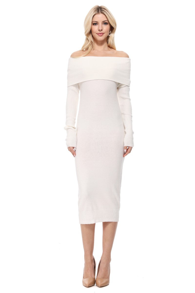 Off Shoulder Long Sleeve Slim Fit Midi Knit Dress MK6022 (S-L)