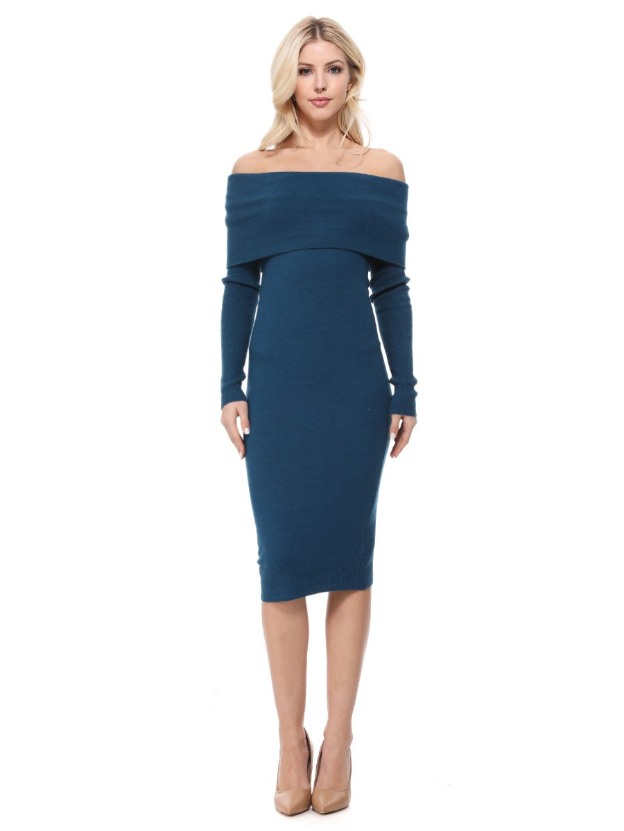 Off Shoulder Long Sleeve Slim Fit Midi Knit Dress MK6022 (S-L)