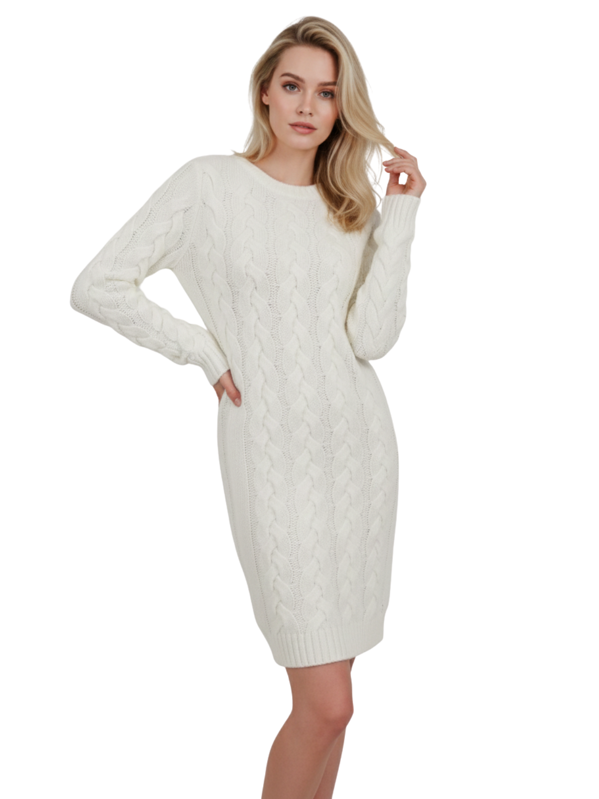 Loose Fit Knee Length Heavy Cable Knitted Dress MK6026 (S-L)