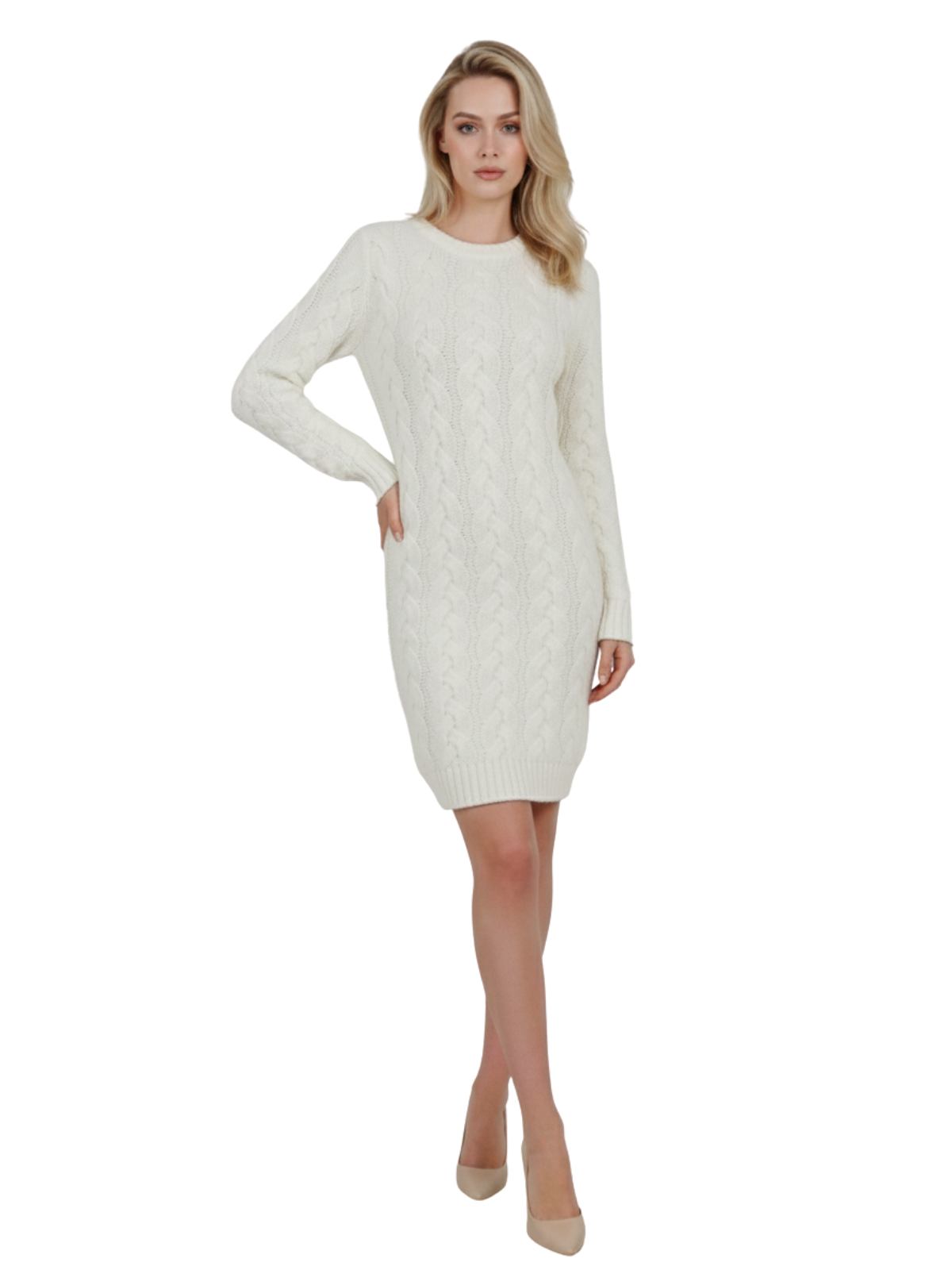Loose Fit Knee Length Heavy Cable Knitted Dress MK6026 (S-L)