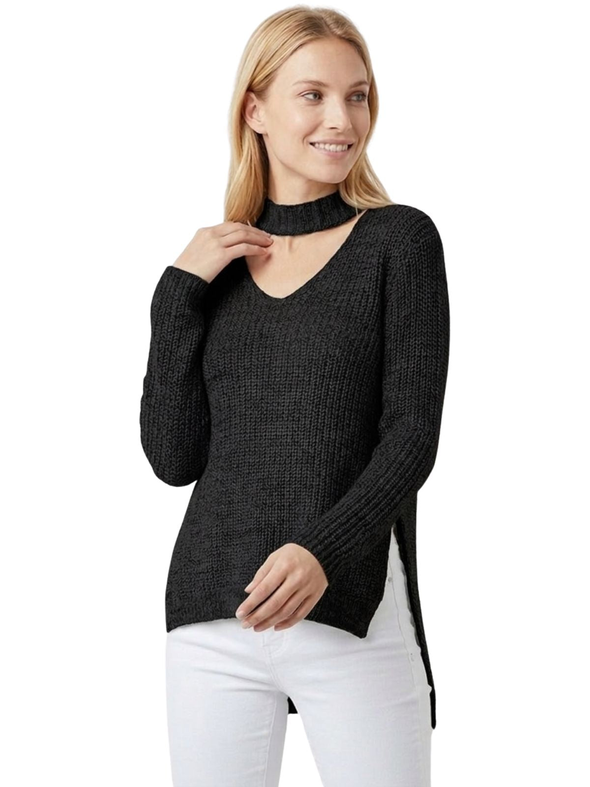 V-Neck Choker Style Side Slit Casual Knit Pullover Sweater MK8143 (S-L)