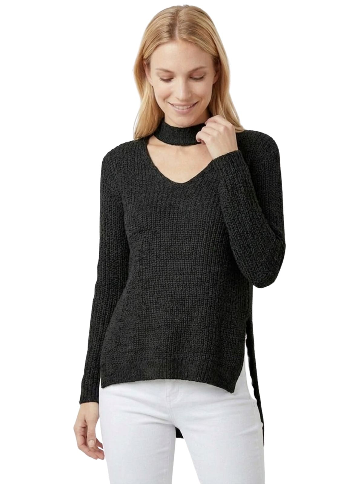 V-Neck Choker Style Side Slit Casual Knit Pullover Sweater MK8143 (S-L)