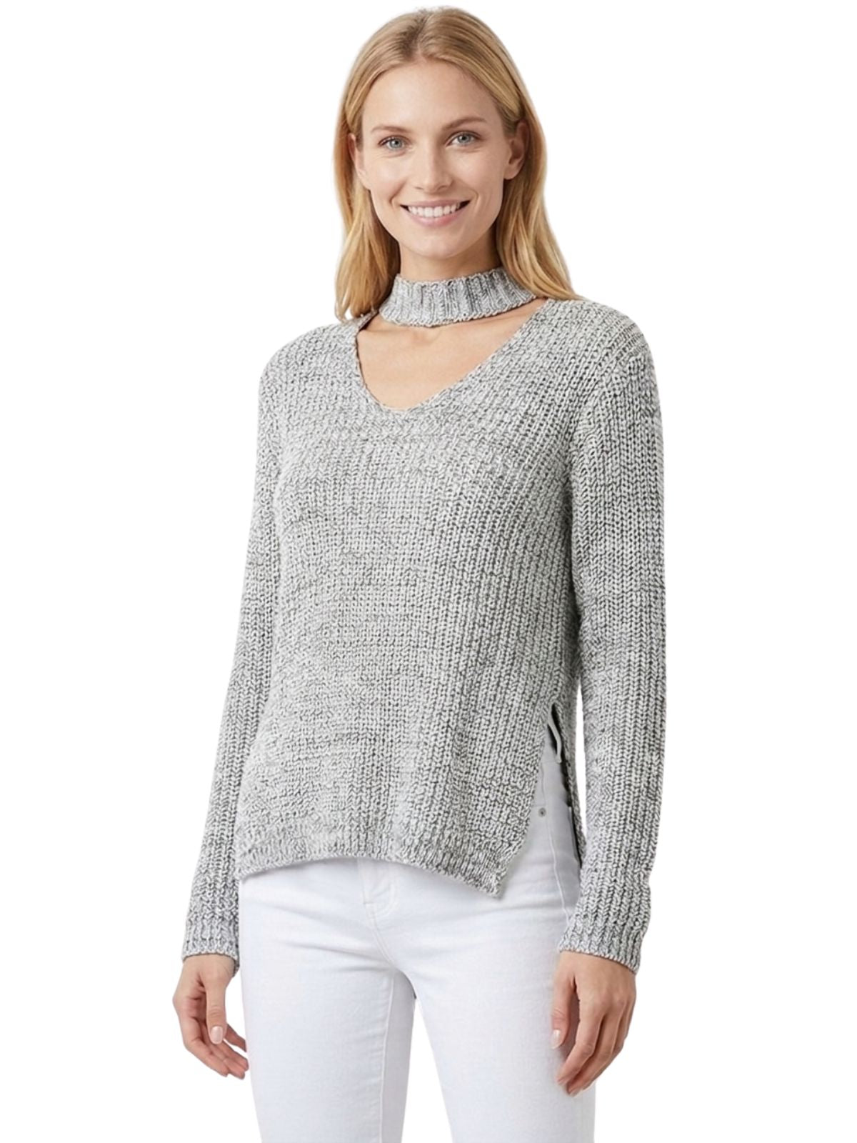 V-Neck Choker Style Side Slit Casual Knit Pullover Sweater MK8143 (S-L)