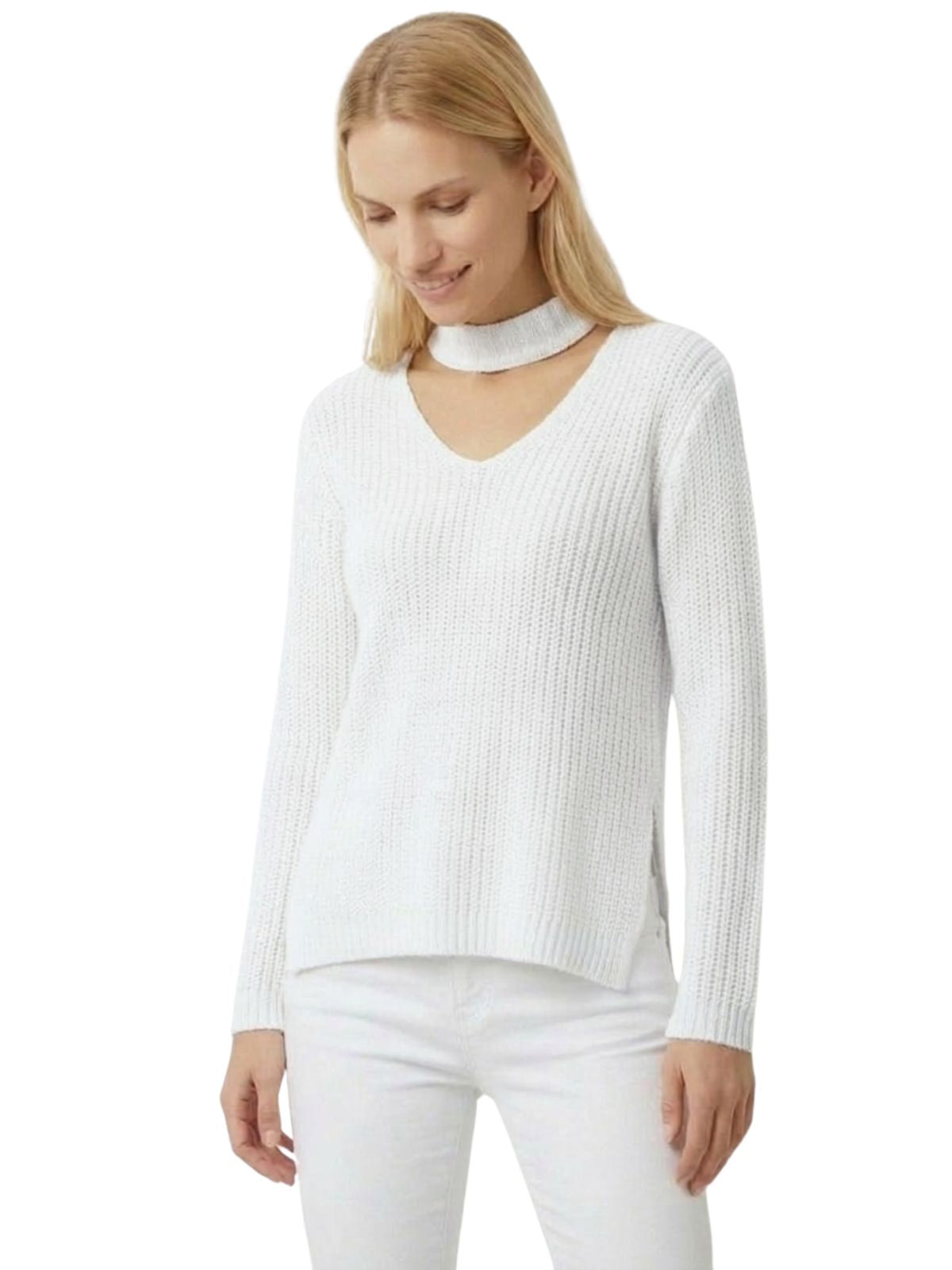 V-Neck Choker Style Side Slit Casual Knit Pullover Sweater MK8143 (S-L)