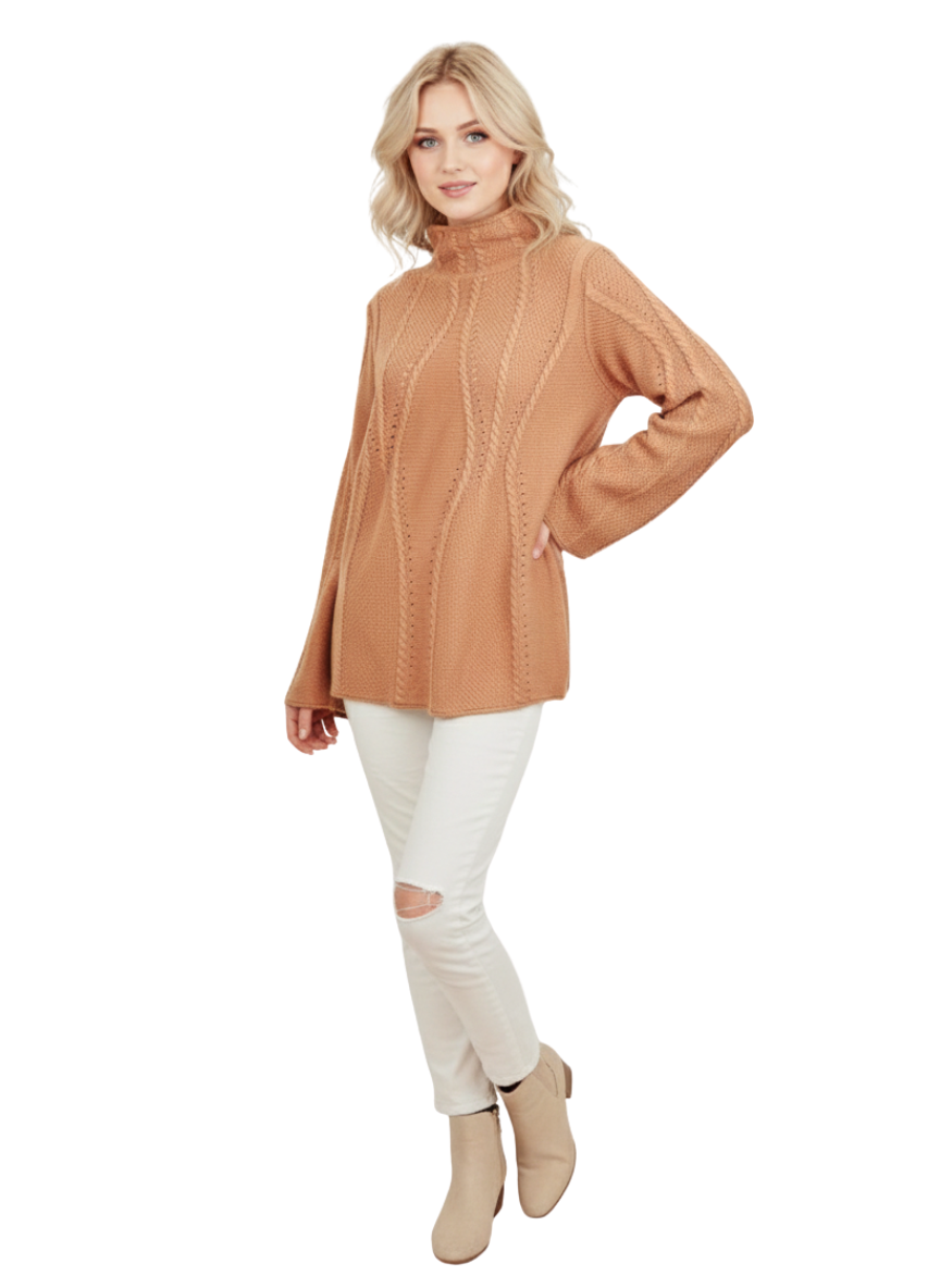 Mock Neck Cable Knitted Tunic Pullover Sweater MK8188 (S-L)