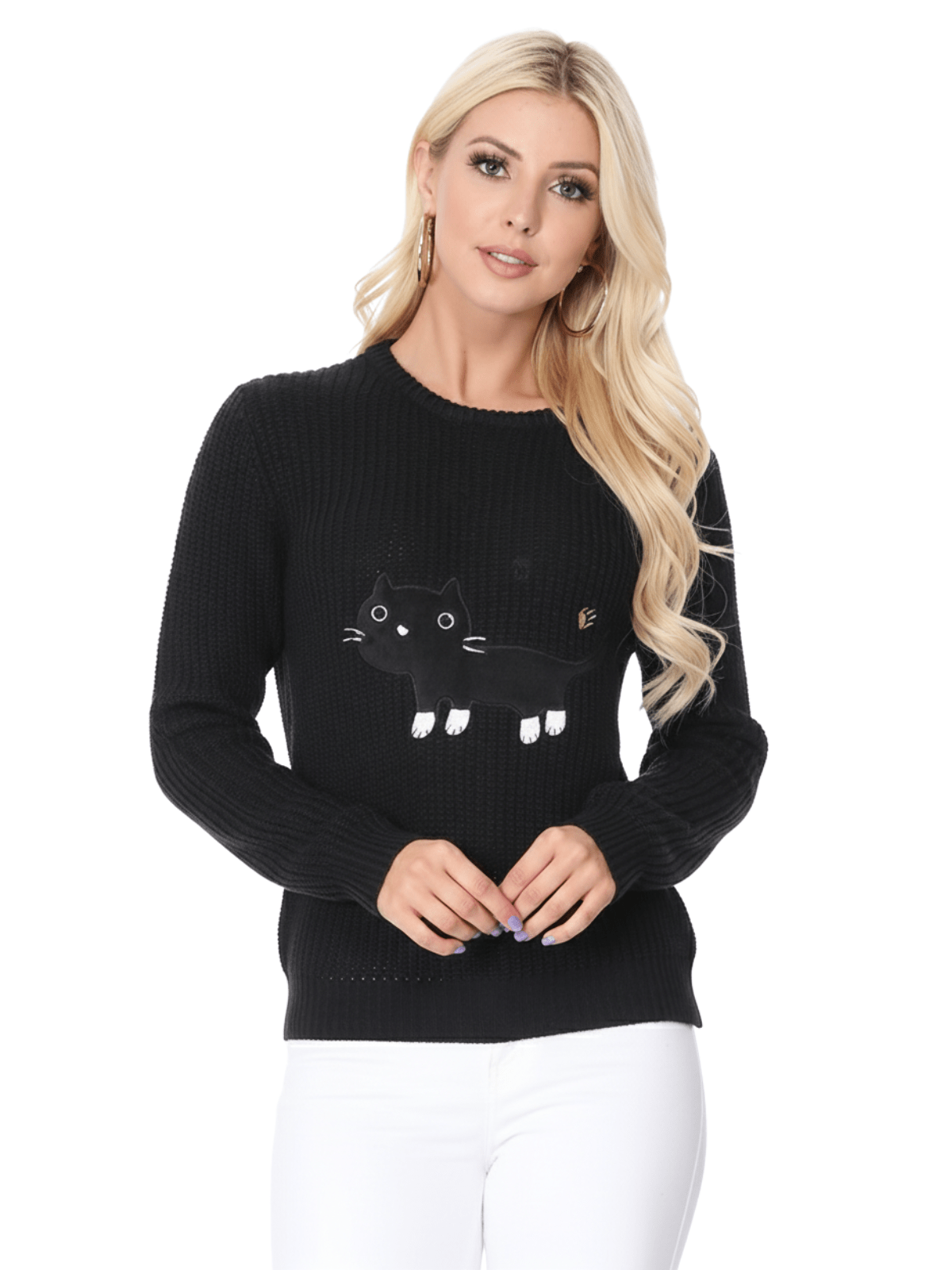 Crewneck Black Cat Applique Embroidery Knit Pullover Sweater MK8207 (S-L)
