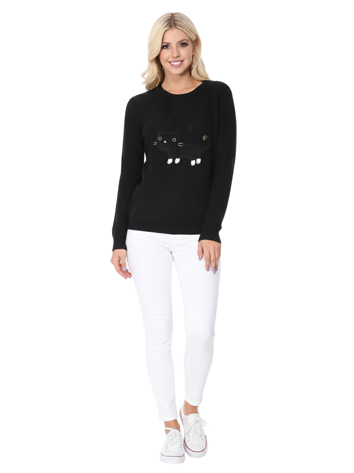 Crewneck Black Cat Applique Embroidery Knit Pullover Sweater MK8207 (S-L)