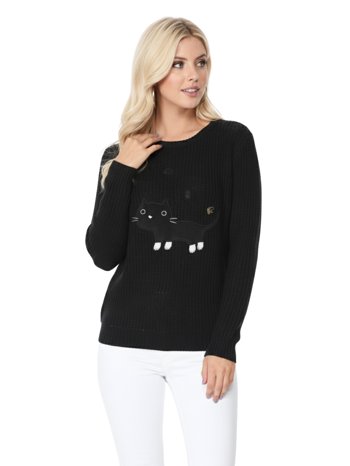 Crewneck Black Cat Applique Embroidery Knit Pullover Sweater MK8207 (S-L)