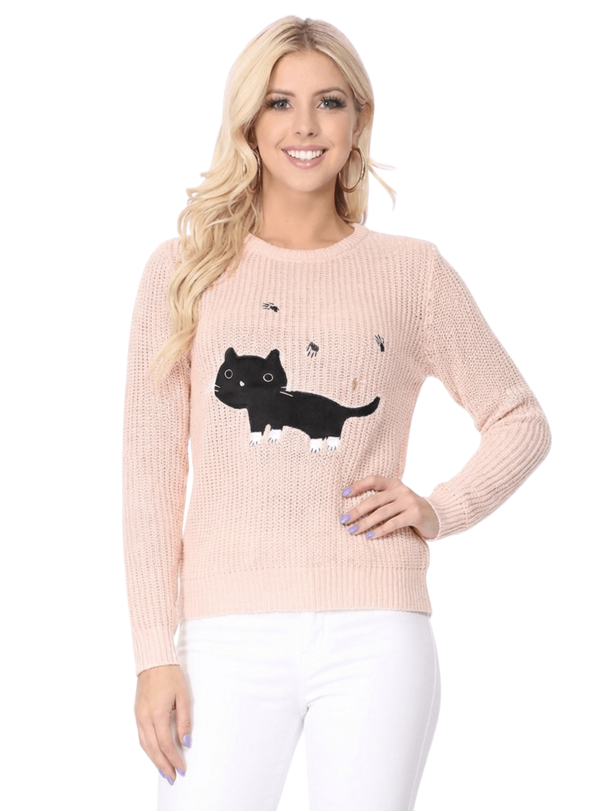 Crewneck Black Cat Applique Embroidery Knit Pullover Sweater MK8207 (S-L)