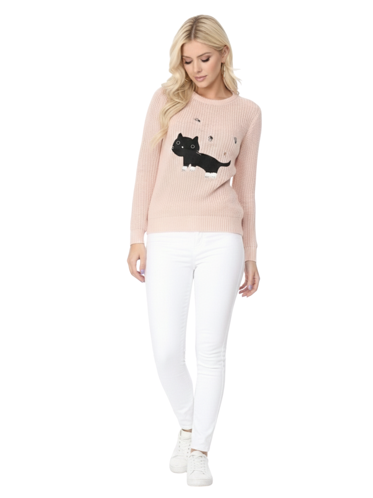 Crewneck Black Cat Applique Embroidery Knit Pullover Sweater MK8207 (S-L)