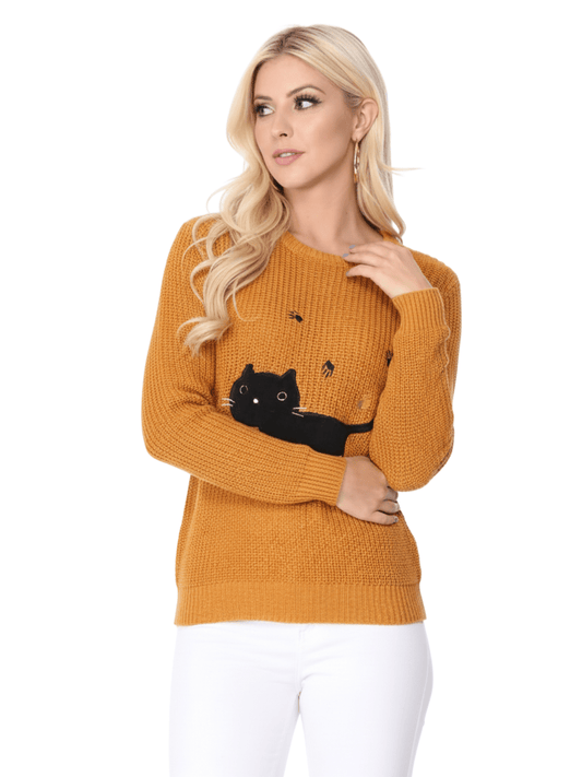Crewneck Black Cat Applique Embroidery Knit Pullover Sweater MK8207 (S-L)