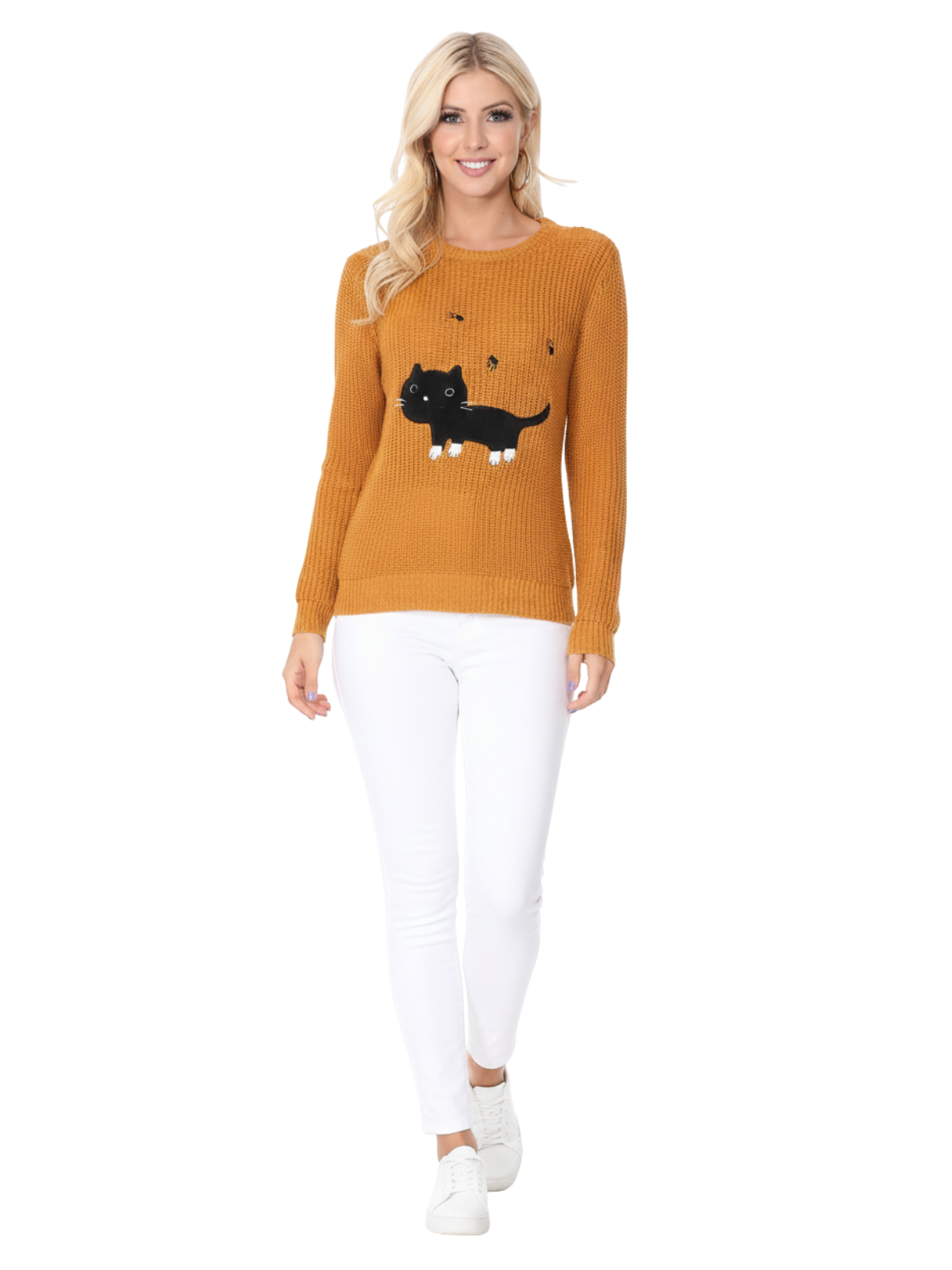 Crewneck Black Cat Applique Embroidery Knit Pullover Sweater MK8207 (S-L)